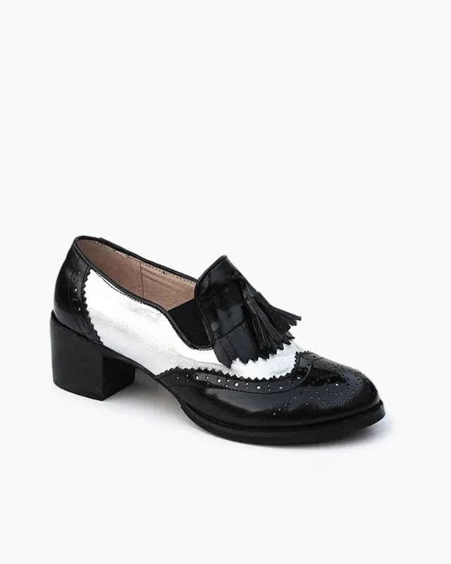 Black and White Classic Fringed Chunky Heel Oxford Shoes sold by Larosa