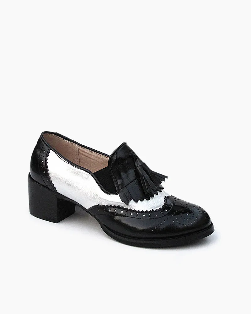 Black and White Classic Fringed Chunky Heel Oxford Shoes sold by Larosa