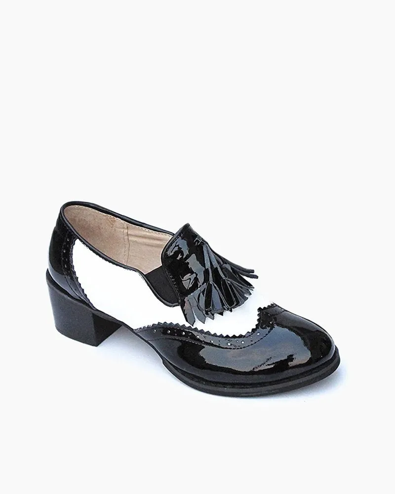 Black and White Classic Fringed Chunky Heel Oxford Shoes sold by Larosa product image thumbnail 3