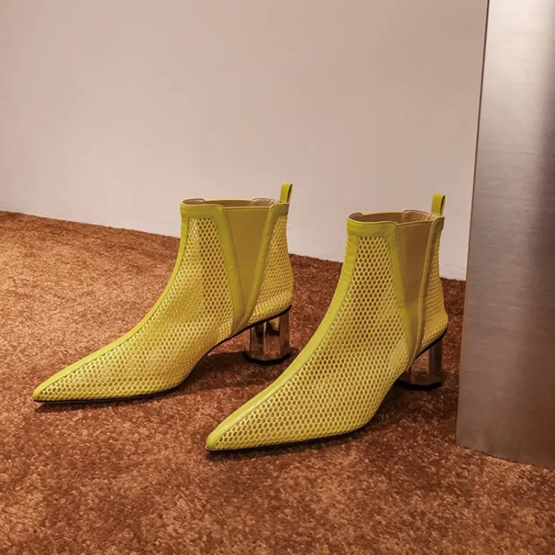 (Clean Up - US 6/US 6.5) Pointed Hollow Mesh Thick Heels Boots sold by Larosa