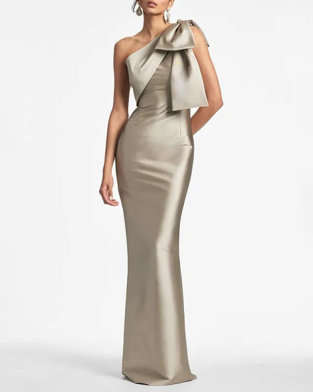Satin One-Shoulder Column Formal Dress with Elegant Bow sold by Larosa