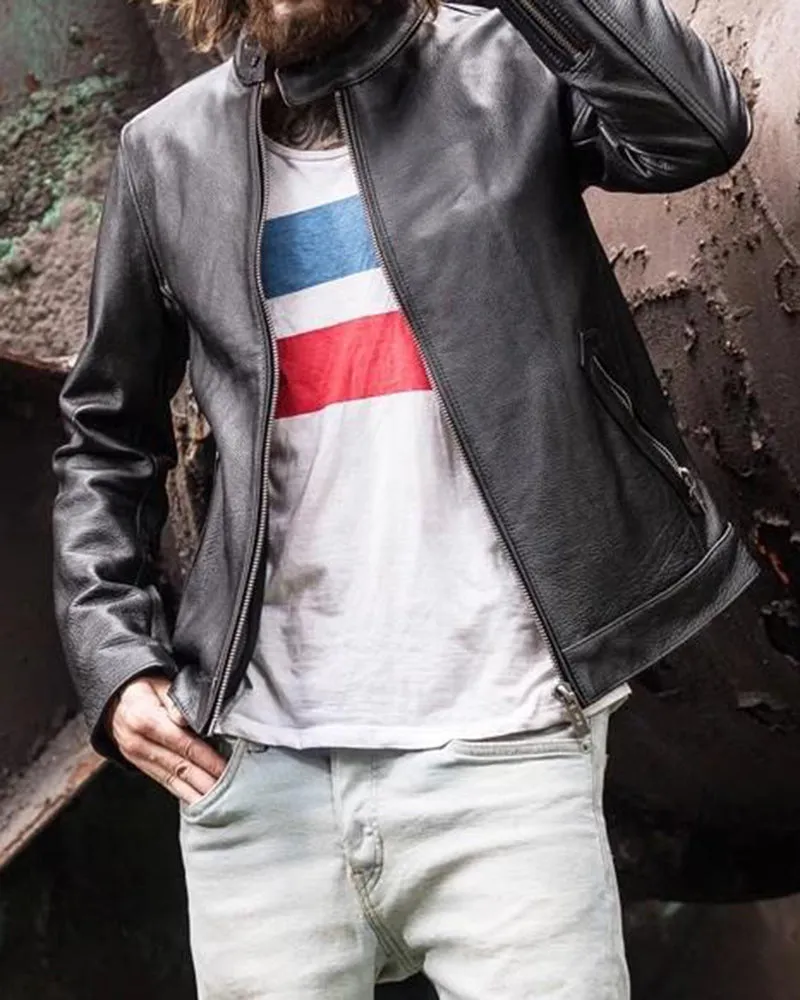 Men's Sheep Leather Racer Stand Collar Jacket sold by Larosa product image thumbnail 3