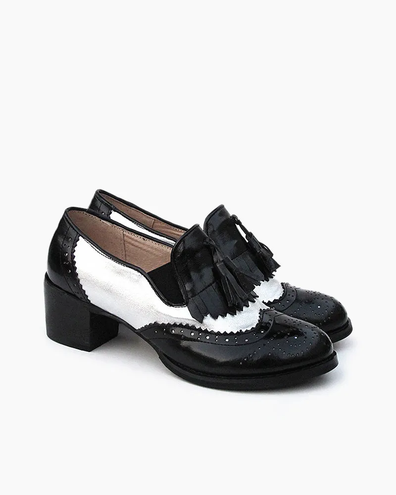 (Clean Up - US 9) Black and White Classic Fringed Chunky Heel Oxford Shoes sold by Larosa product image thumbnail 2