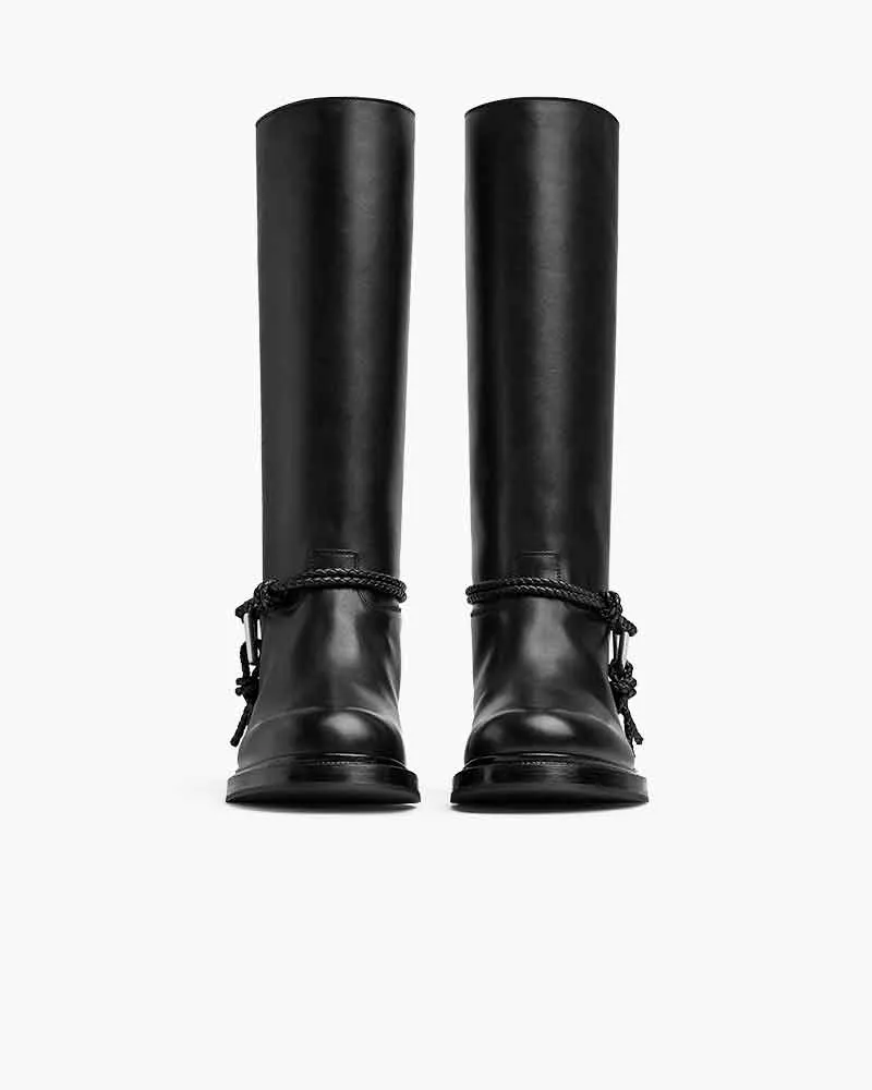 Smooth Leather Knee-high Booties Metal Triangle Knot Detail Strap sold by Larosa product image thumbnail 2