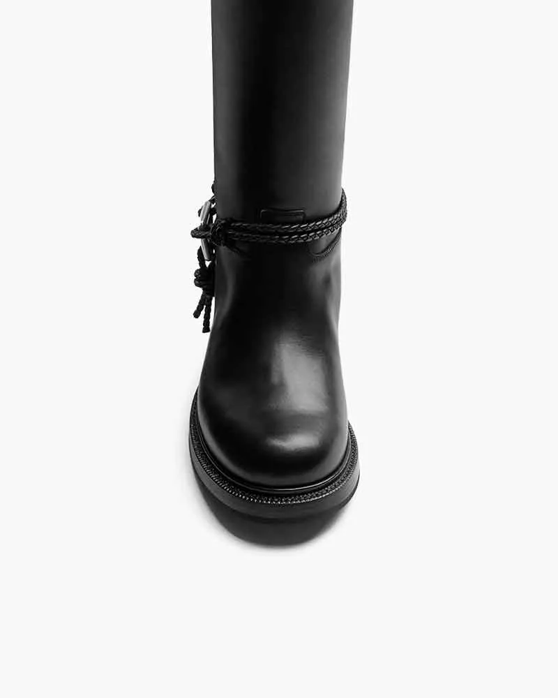Smooth Leather Knee-high Booties Metal Triangle Knot Detail Strap sold by Larosa product image thumbnail 3