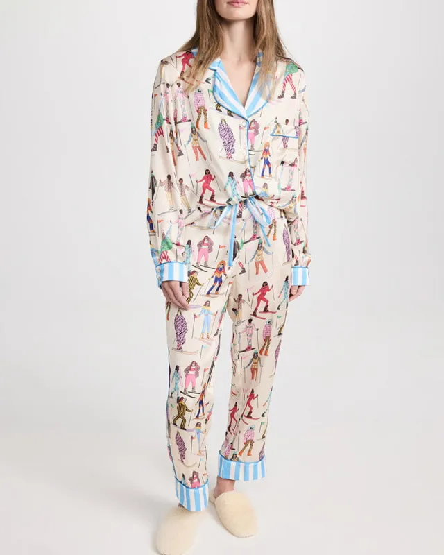 Retro Skier Illustration Long Sleeve Sleepwear with Striped Trim sold by Larosa