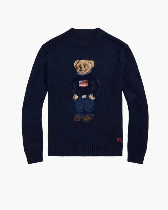 Navy Crewneck Sweater Flag Bear Graphic sold by Larosa