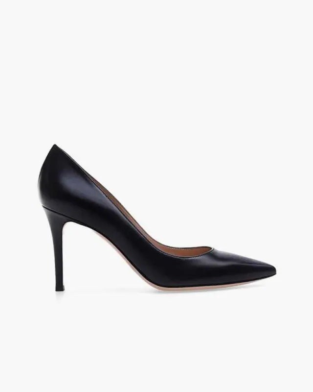 Women's Classic Black Leather Pointed Toe Pumps - 80mm Heel sold by Larosa