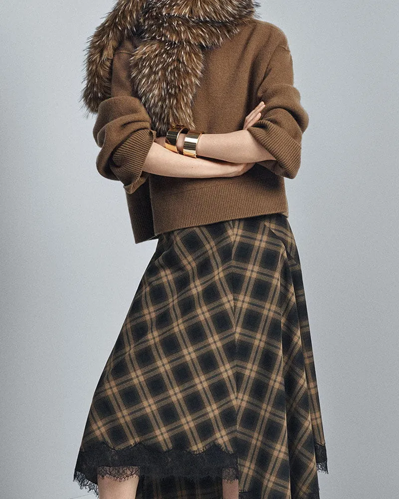 Checked Asymmetric Midi Skirt with Lace Detail for Elegant Office Styling sold by Larosa product image thumbnail 4