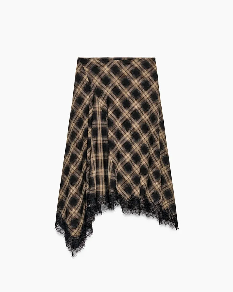 Checked Asymmetric Midi Skirt with Lace Detail for Elegant Office Styling sold by Larosa product image thumbnail 2