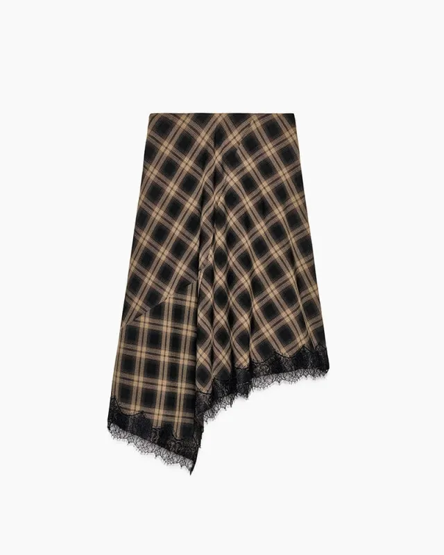 Checked Asymmetric Midi Skirt with Lace Detail for Elegant Office Styling sold by Larosa