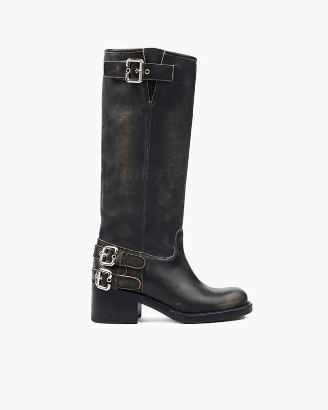 Edgy Street Distressed Leather Biker Boot Multi Buckle Straps sold by Larosa