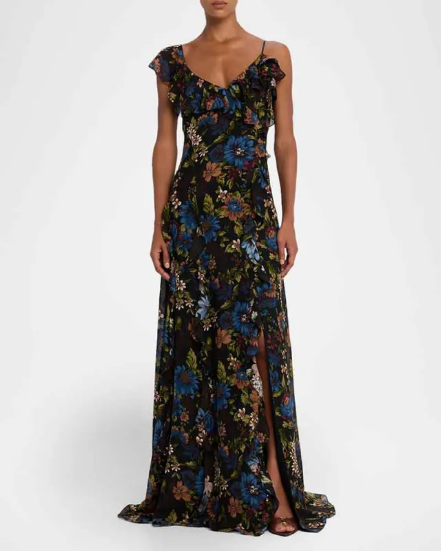 (Pre-sale)Women's Evening Asymmetric Ruffle Trim Silk Gown made by Larosa
