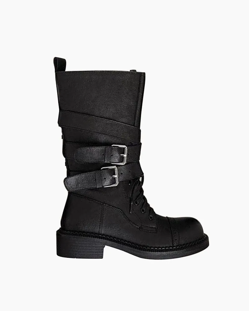 Women's Exploring Chunky Leather Buckle Boots sold by Larosa