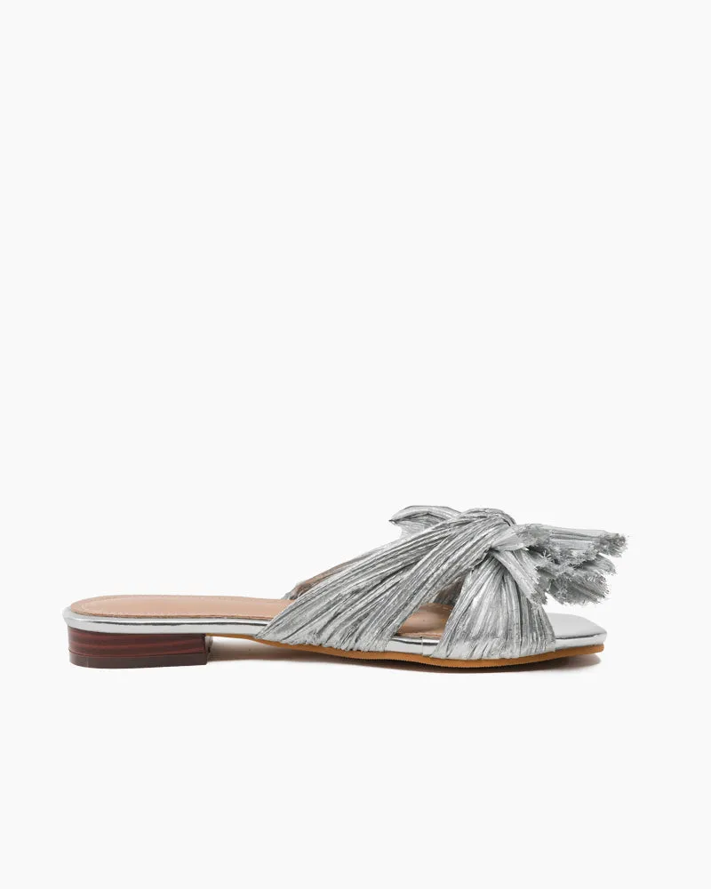 (Clean Up - US 8) Pleated Bow Open Toe Comfort Slip on Slide Flat Sandals sold by Larosa