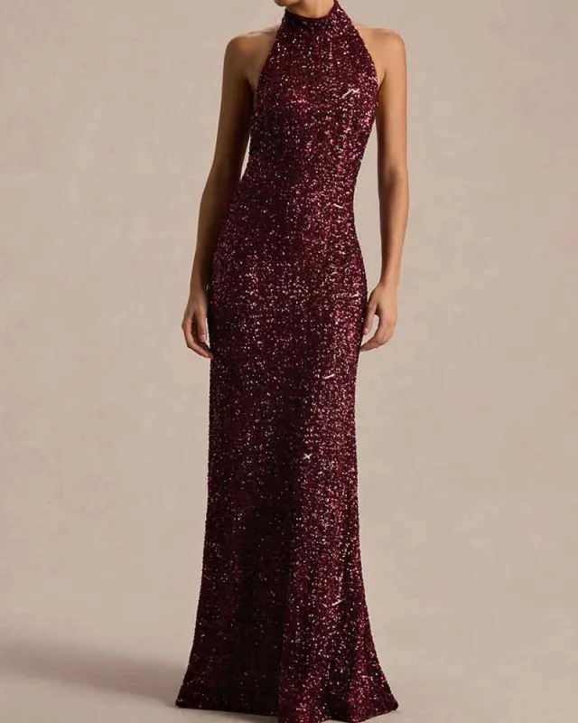 Elegant Evening Burgundy Sequin High Neck Gown made by Larosa