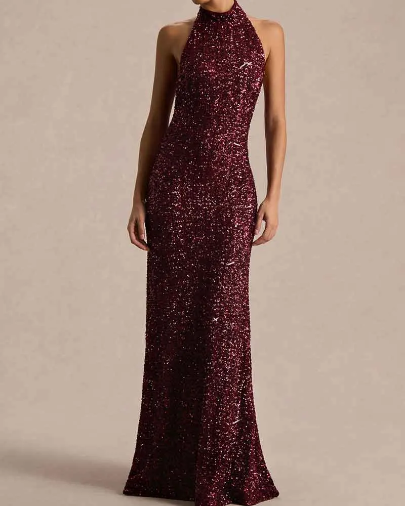 Elegant Evening Burgundy Sequin High Neck Gown sold by Larosa