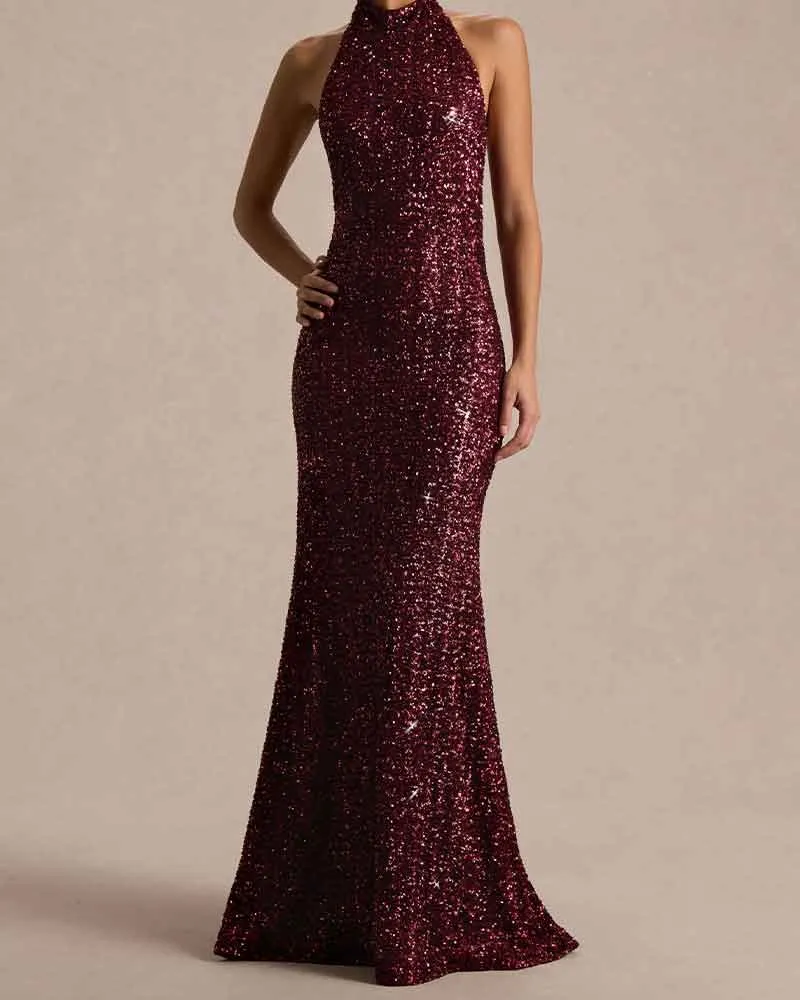 Elegant Evening Burgundy Sequin High Neck Gown sold by Larosa product image thumbnail 5