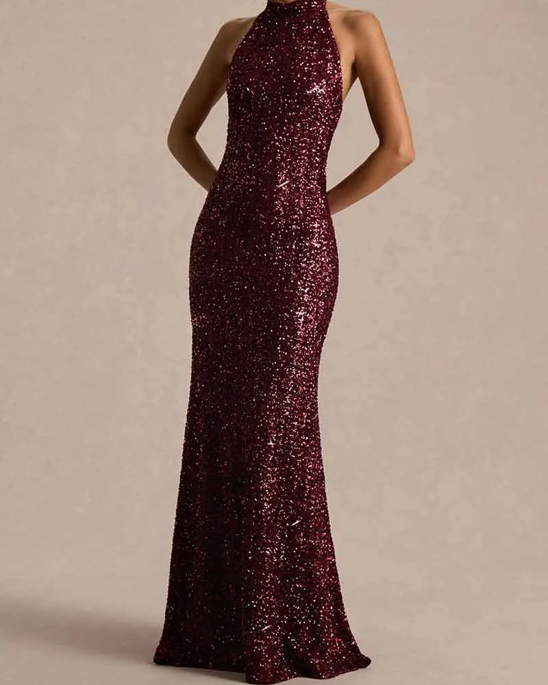 Elegant Evening Burgundy Sequin High Neck Gown sold by Larosa product image thumbnail 2