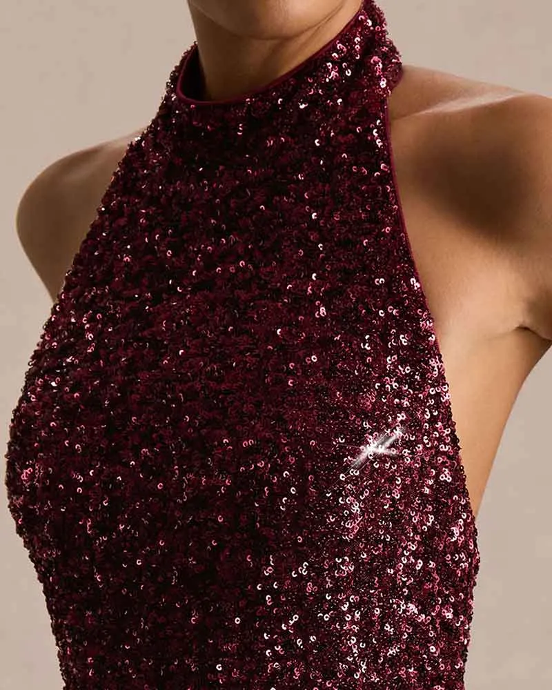 Elegant Evening Burgundy Sequin High Neck Gown sold by Larosa product image thumbnail 3