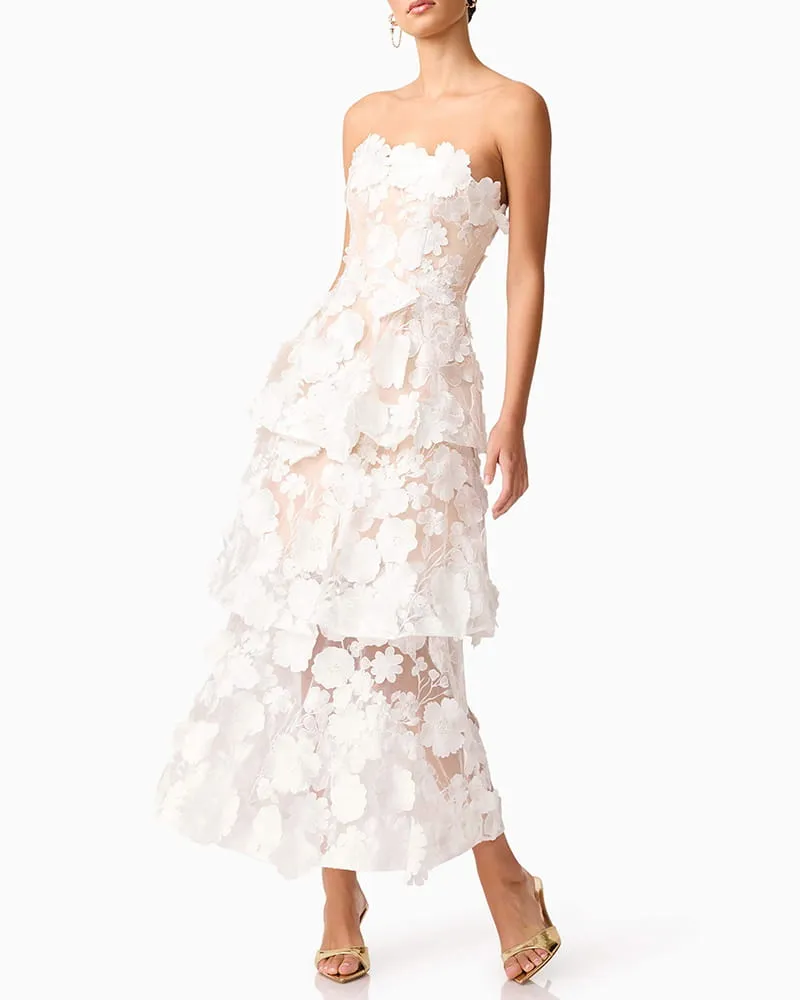 Women’s White Strapless 3D Floral Embroidered Tiered Maxi Dress sold by Larosa product image thumbnail 4