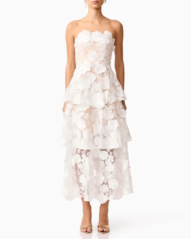 Women’s White Strapless 3D Floral Embroidered Tiered Maxi Dress made by Larosa
