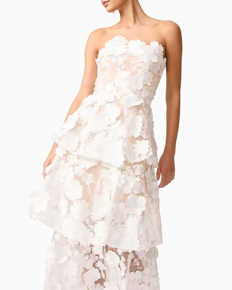 Women’s White Strapless 3D Floral Embroidered Tiered Maxi Dress sold by Larosa product image thumbnail 3