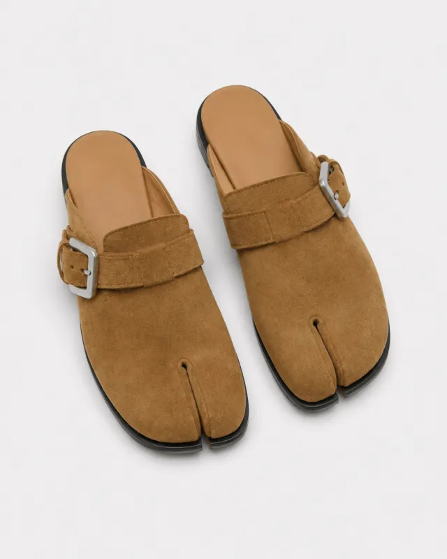 Brown Suede Flat Sole Split-Toe Sandal Mules made by Larosa