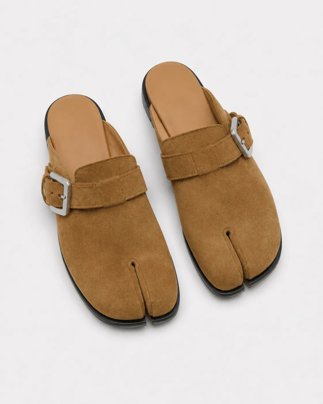Brown Suede Flat Sole Split-Toe Sandal Mules sold by Larosa