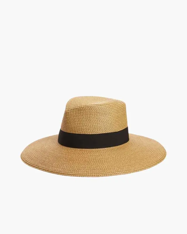 Wide Brim Woven Straw Fedora Sun Hat with Black Band made by Larosa