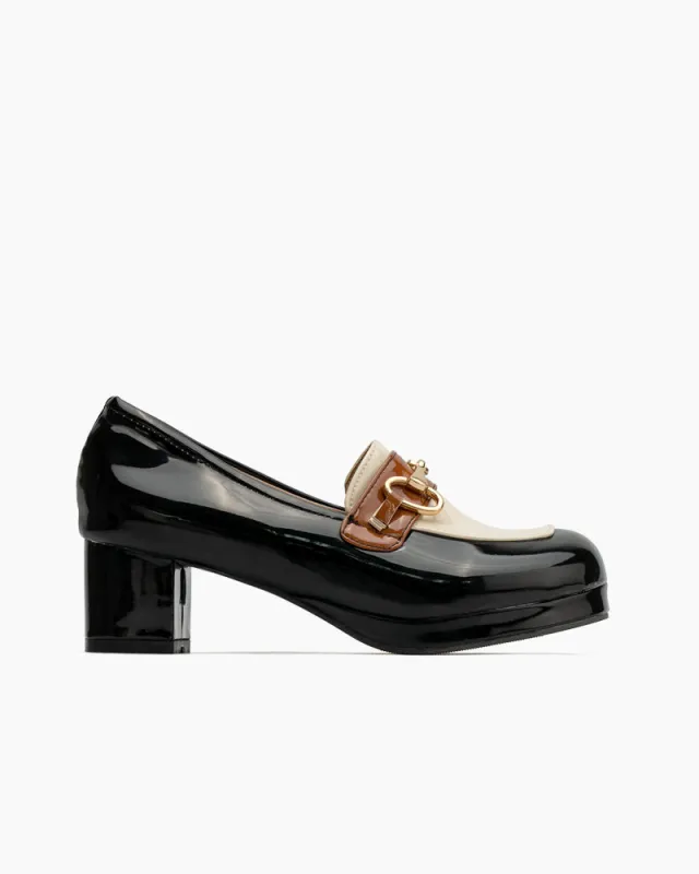 (Clean Up) Classic Metal Buckle Colorblock Chunky Heeled Loafers made by Larosa