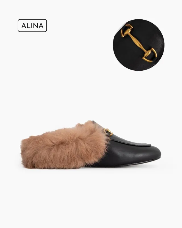 (Clean Up) Alina Elegant Leather Backless Fur Slip-On Mules made by Larosa