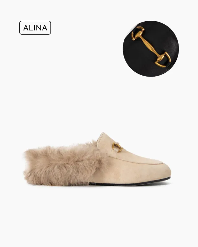 (Clean Up) Alina Urban Elegance Fur Suede Flat Mules made by Larosa
