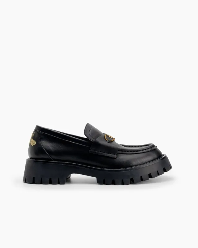 (Clean Up) Classic Metal Buckle Bee Embroidery Platform Leather Loafers made by Larosa