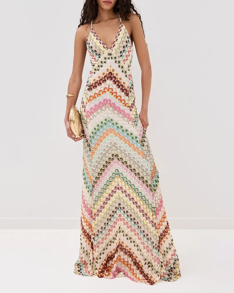 Boho Diagonal Stripe Open-Knit Backless Long Dress sold by Larosa