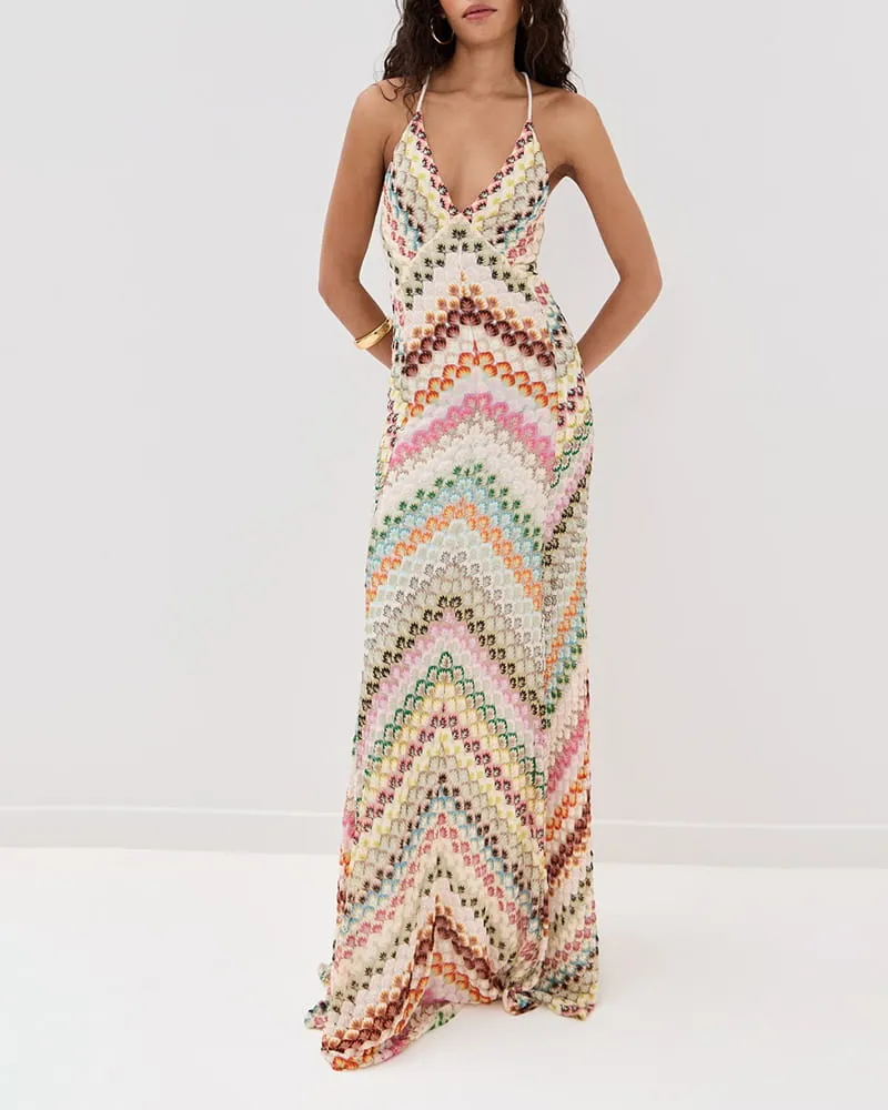 Boho Diagonal Stripe Open-Knit Backless Long Dress sold by Larosa product image thumbnail 3