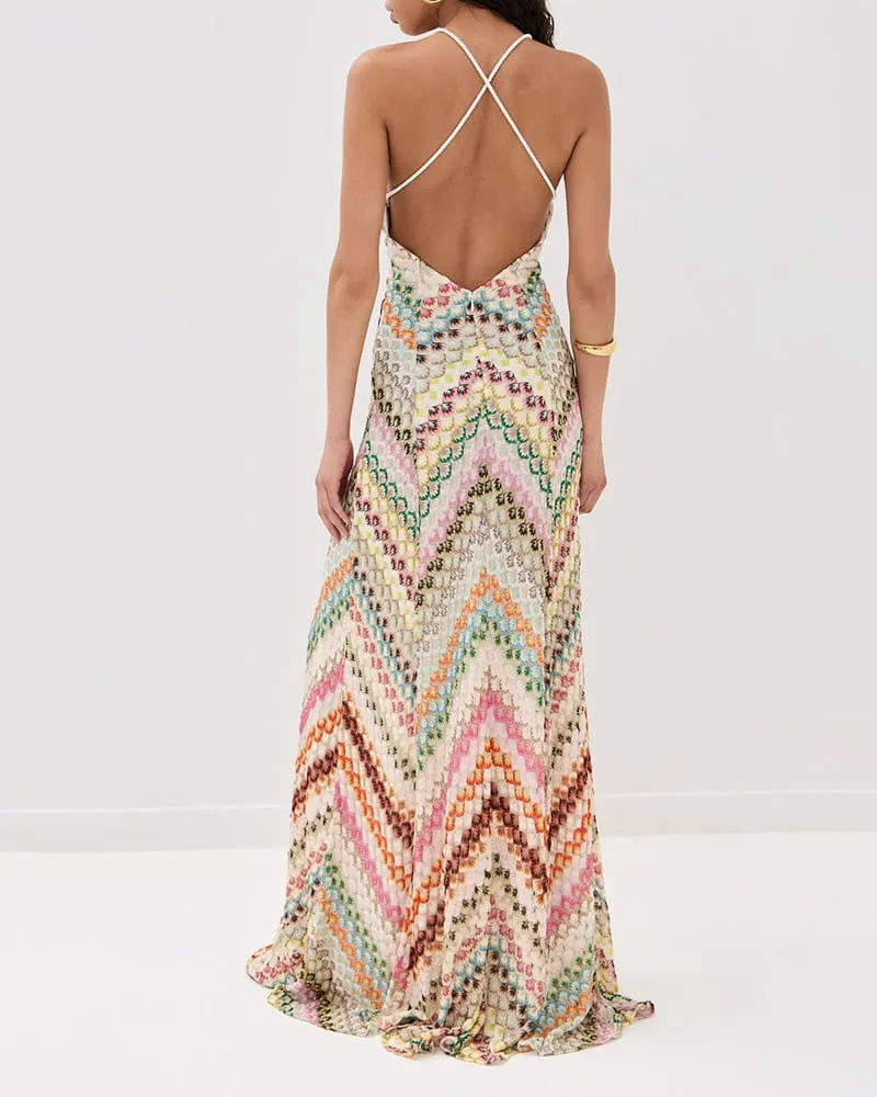 Boho Diagonal Stripe Open-Knit Backless Long Dress sold by Larosa product image thumbnail 5