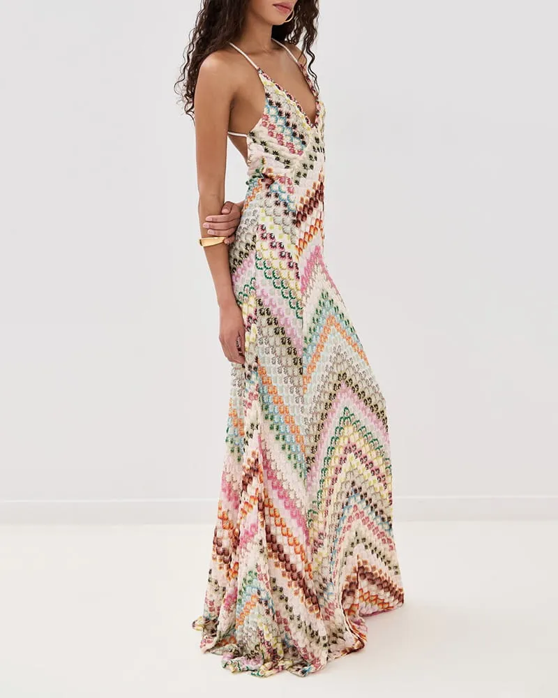 Boho Diagonal Stripe Open-Knit Backless Long Dress sold by Larosa product image thumbnail 4