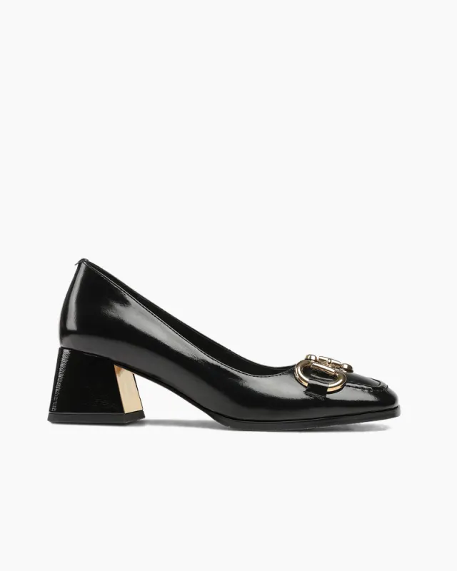 (Clean Up) Classic Metal Buckle Patent Leather Mid Heel Shallow Mouth Loafers made by Larosa