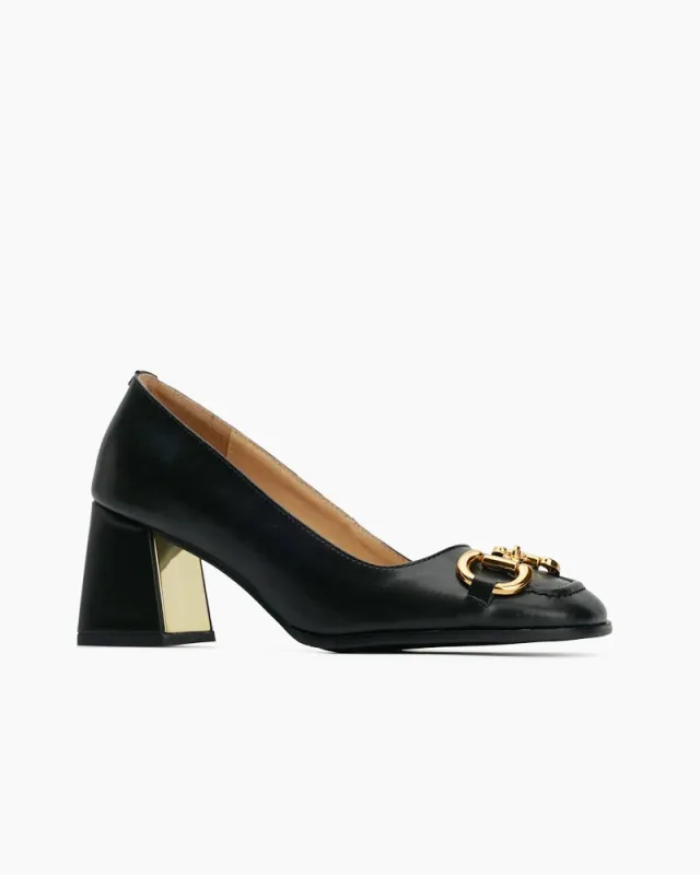 (Clean Up) Classic Metal Buckle Thick Heel Shallow Mouth Loafers made by Larosa