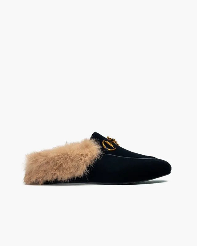 (Clean Up) Classic Metal Buckle Velvet Backless Fur Slip-on Mules made by Larosa