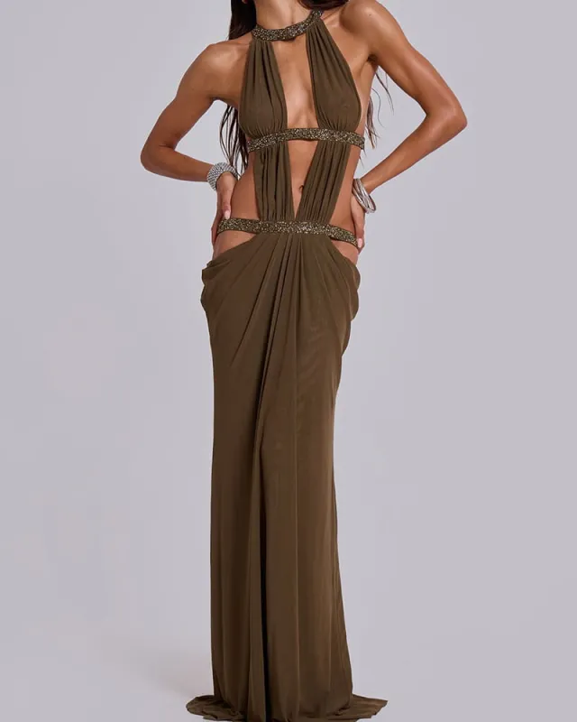 Glamorous Evening Cutout Beaded Halter Gown made by Larosa