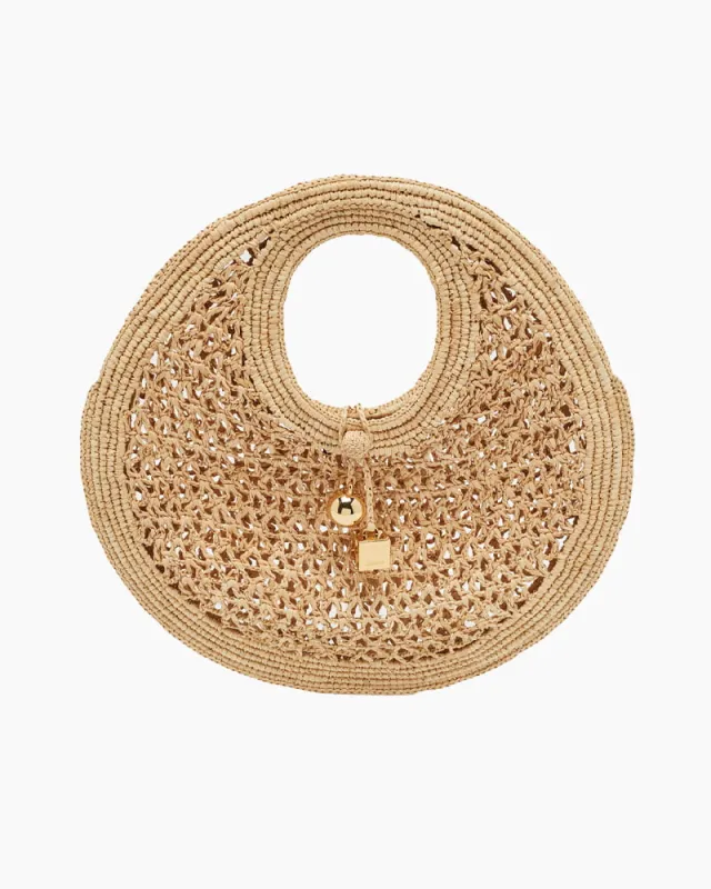 Chic Woven Raffia Circle Bag with Gold Charm Pendant made by Larosa