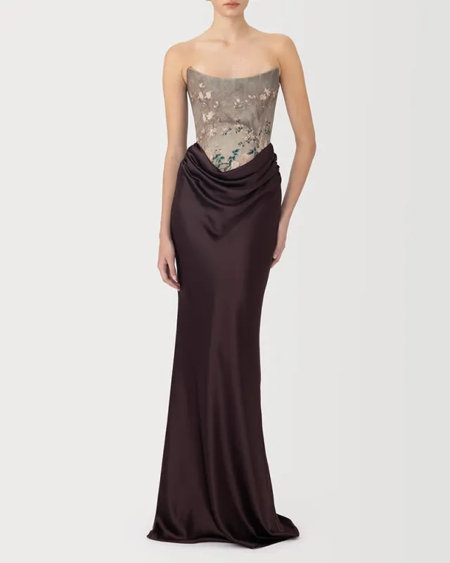 Evening Garden Embroidered Strapless Satin Gown made by Larosa