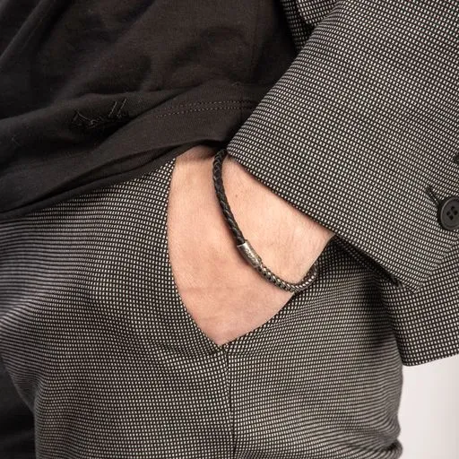 Lash Mixed Chain and Braided Leather Bracelet with Black Leather sold by Marco Dal Maso product image thumbnail 2