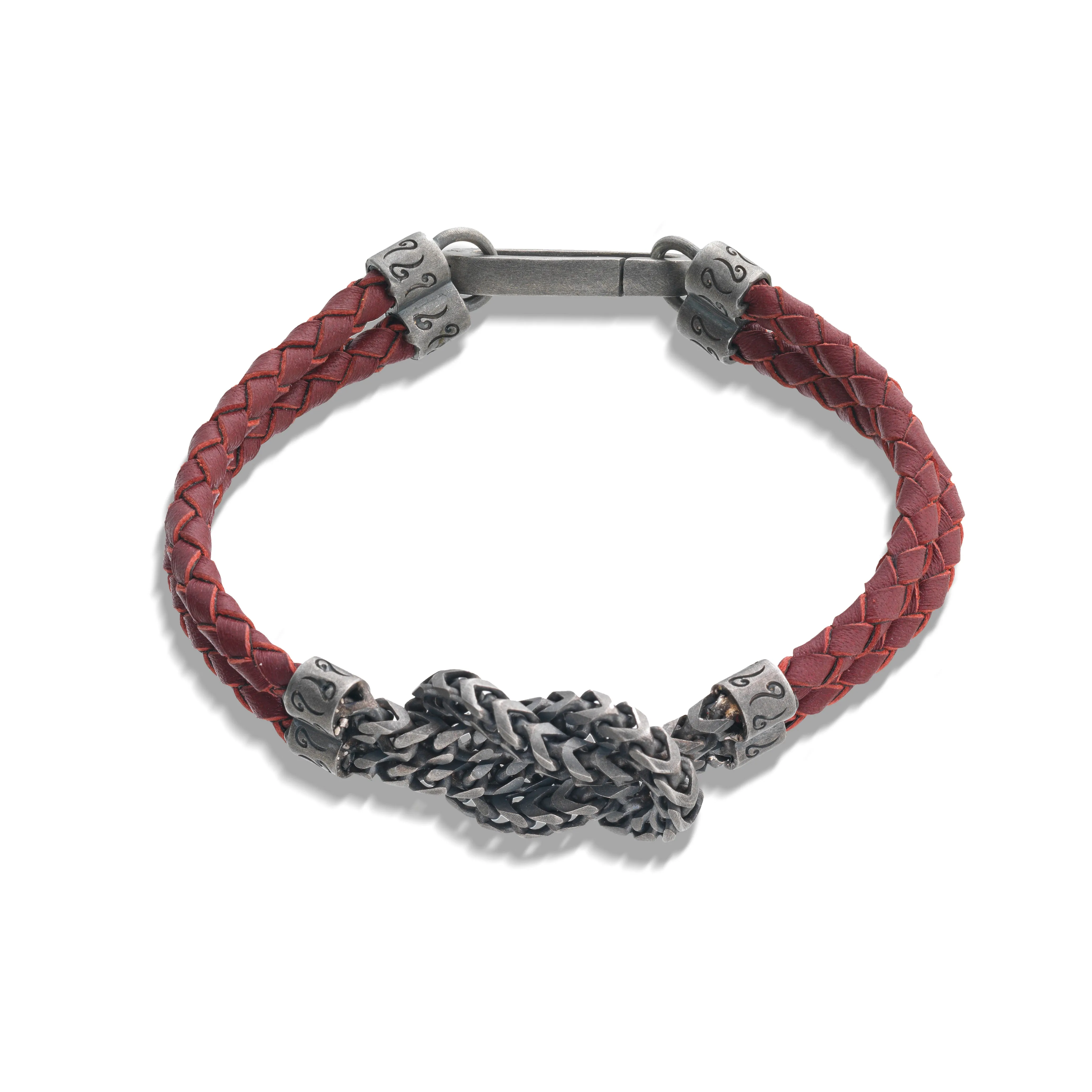 LASH Reef Knot Chain Oxidized Bracelet with red leather sold by Marco Dal Maso