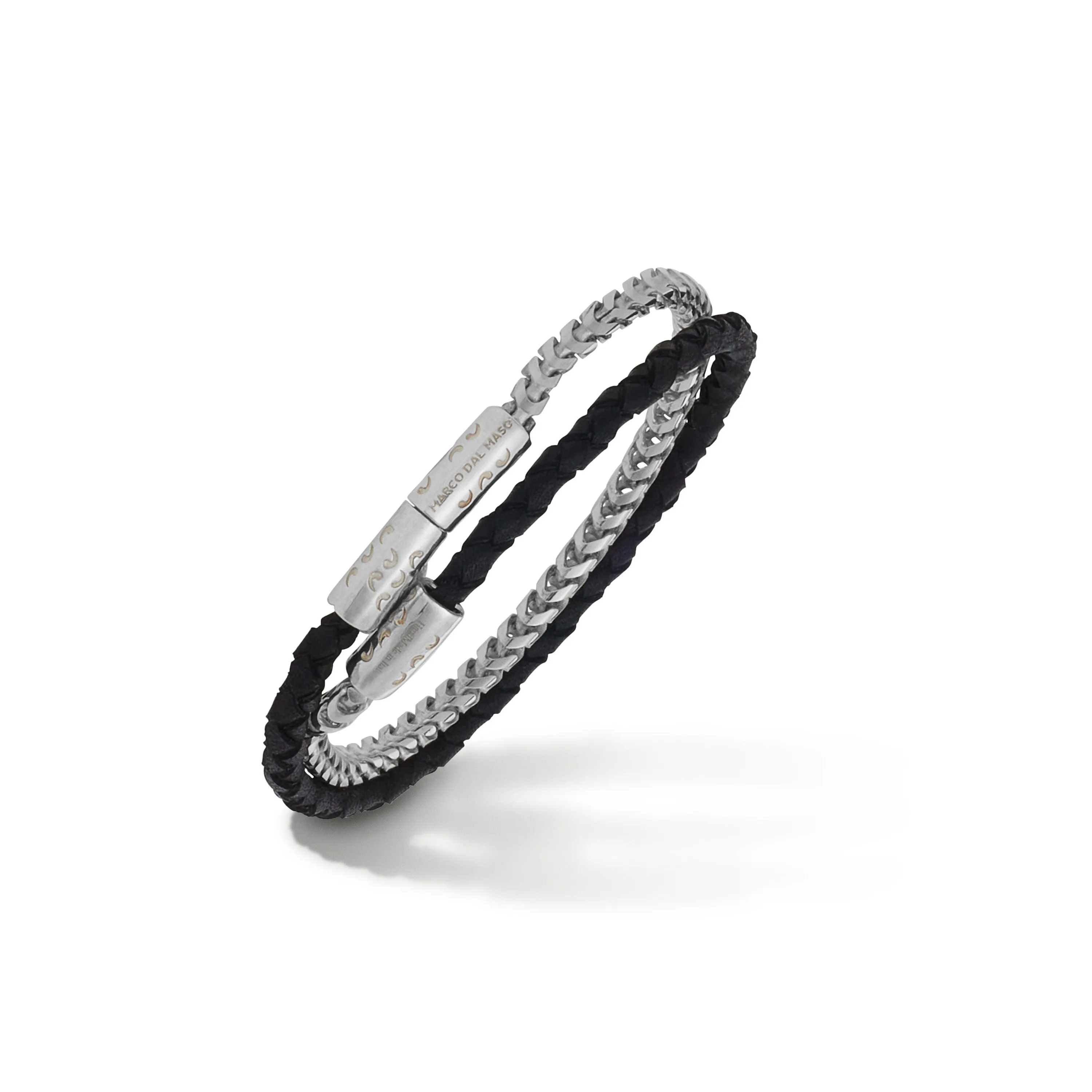 LASH Double Mix Black Woven Leather and Polished Silver Chain Bracelet sold by Marco Dal Maso
