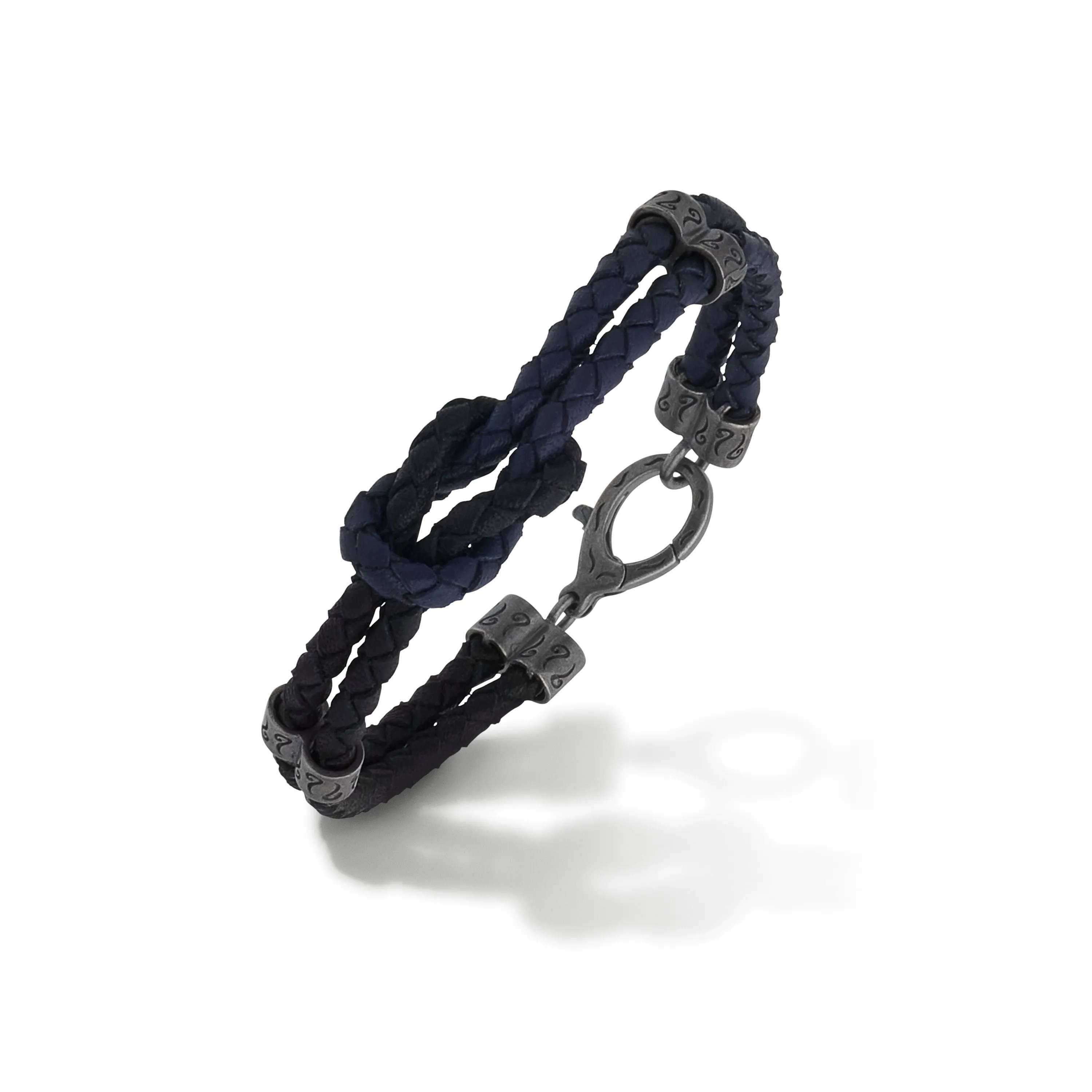 LASH Reef Knot Blue/Black Woven Leather and Oxidized Silver Bracelet sold by Marco Dal Maso