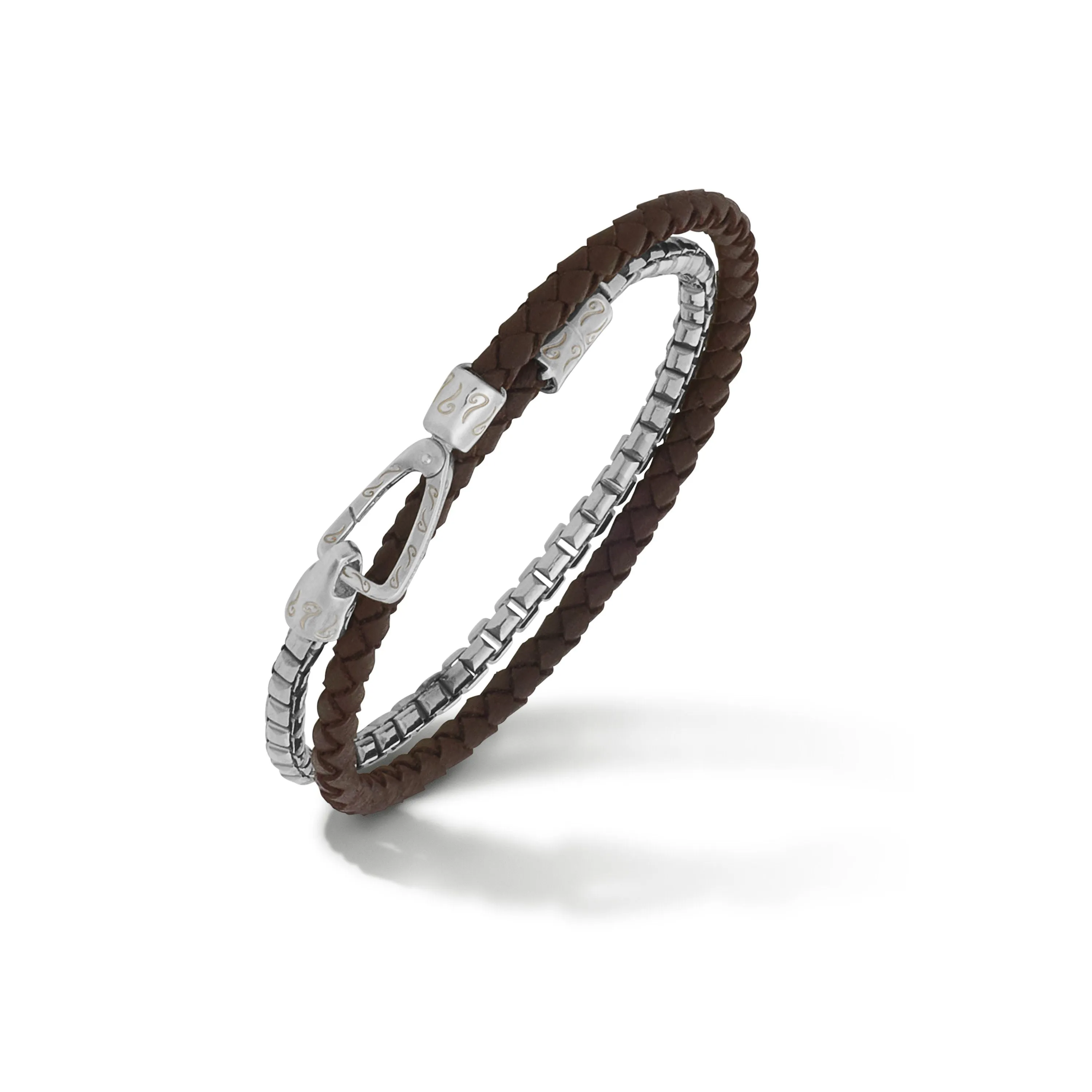 LASH Double Mix Brown Woven Leather and Polished Silver Chain Bracelet sold by Marco Dal Maso
