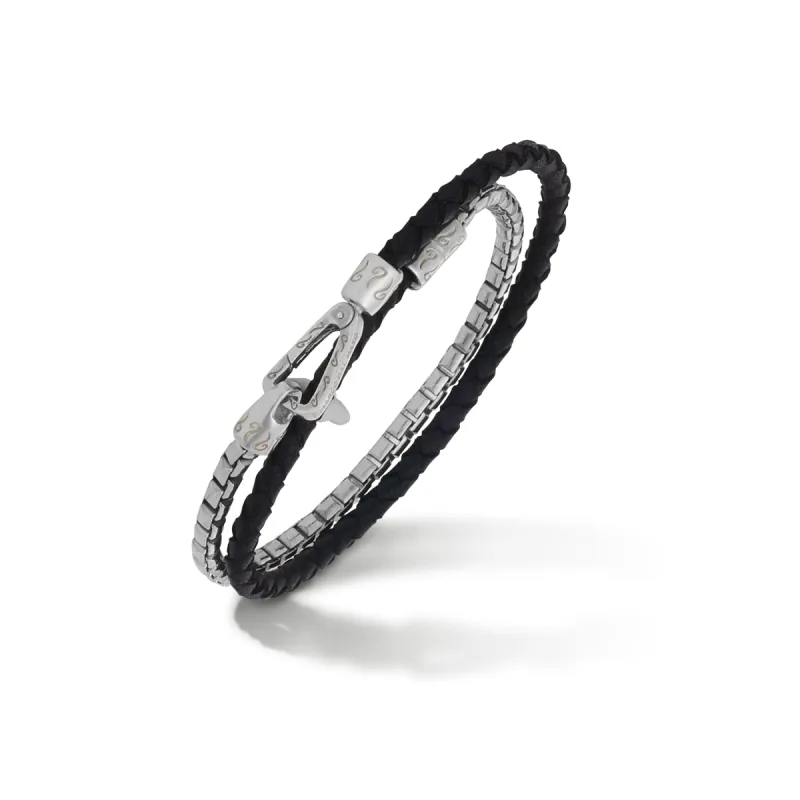LASH Double Mix Black Woven Leather and Polished Silver Chain Bracelet sold by Marco Dal Maso